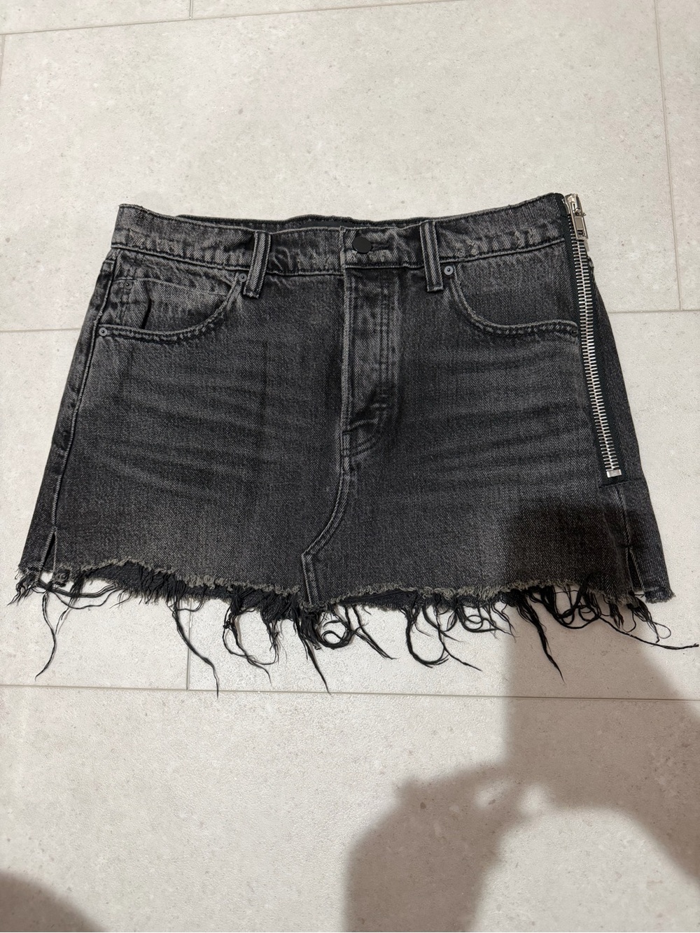 Alexander Wang Black Distressed Denim Mini Skirt with Side Zip